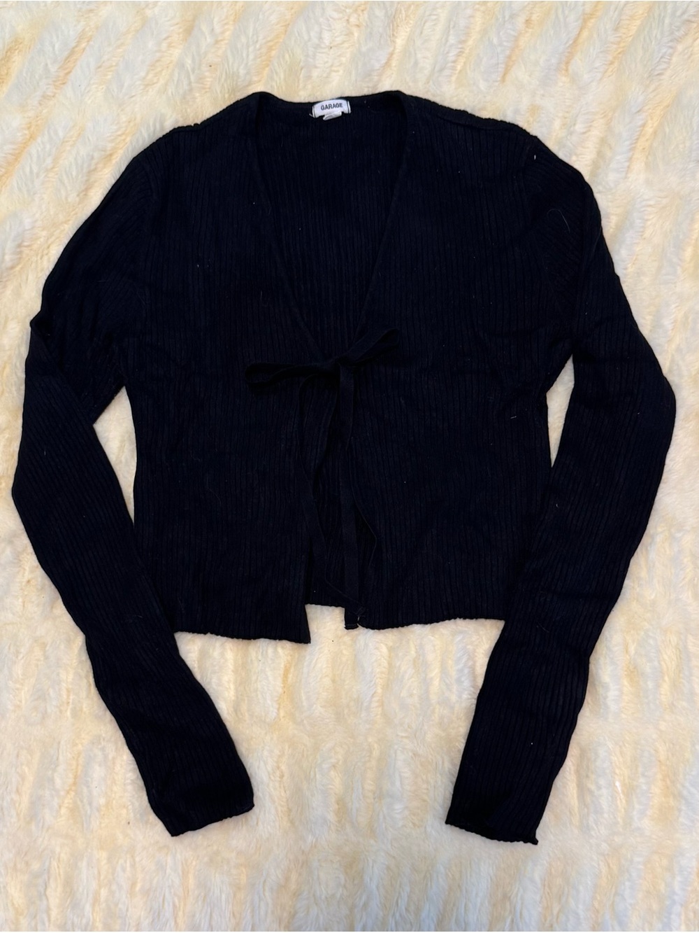Garage Black Ribbed Tie-Front Sweater Cardigan Top